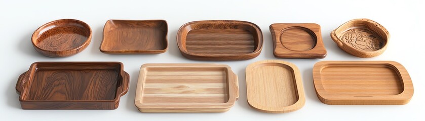 A collection of diverse wooden trays displayed against a white isolated background, showcasing various shapes and finishes.