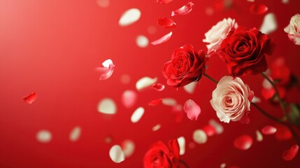 Love in Bloom: A Stunning Display of Passionate Red Roses and Delicate Petals, Adorning a Rich Crimson Canvas, Symbolizing the Beauty and Joy of Love.