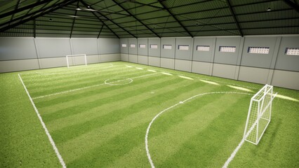 3D Render of a Fully Enclosed Indoor Mini soccer Futsal Arena with Artificial Turf, High Ceiling, and Glass Block Windows for Natural Lighting