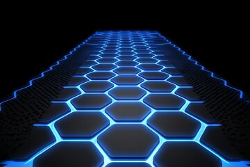 Obraz premium A blue hexagonal tile pattern is shown on a black background