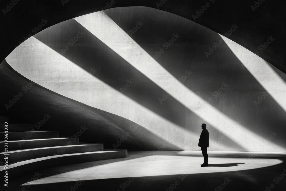 Poster a clean, abstract design of a lone figure standing under a single light source, surrounded by jagged