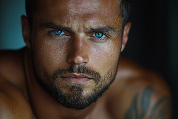 Fototapeta premium A Detailed View of a Man Who Has Blue Eyes and Facial Tattoos