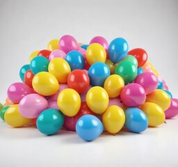 A collection of yellow red blue pink green inflated balloons in a heap on a white background, party decorations, yellow