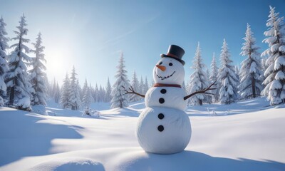 Fototapeta premium Joyful snowman standing alone in a serene winter landscape with snow-covered trees and a clear blue sky, winter scenery, frozen lake, snowy woods
