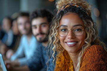 The diverse business team gathers for a professional corporate portrait at the workplace, featuring a multiethnic mix of colleagues of various ages smiling at the camera and sitting around a table