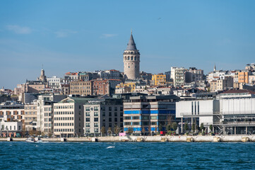 Fototapeta premium View of the Galata Tower, Beyoglu district, Istanbul, Turkey. Bosphorus, Galata bridge, sunny day