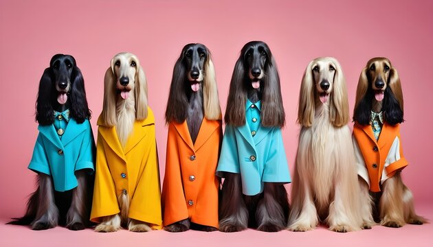 L&eacute;vrier afghan assis groupe fun, tenues v&ecirc;tements color&eacute;s &agrave; la mode fashion, isol&eacute;s sur fond publicitaire solide.