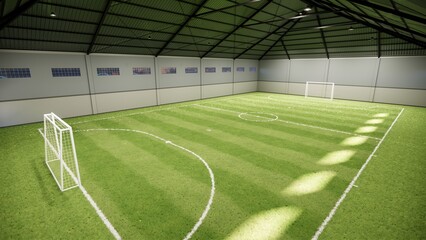 Visualization of a Modern Indoor Mini soccer Futsal Facility with Synthetic Grass Field, Steel Roof Framework, and Wall-Mounted Ventilation Panels