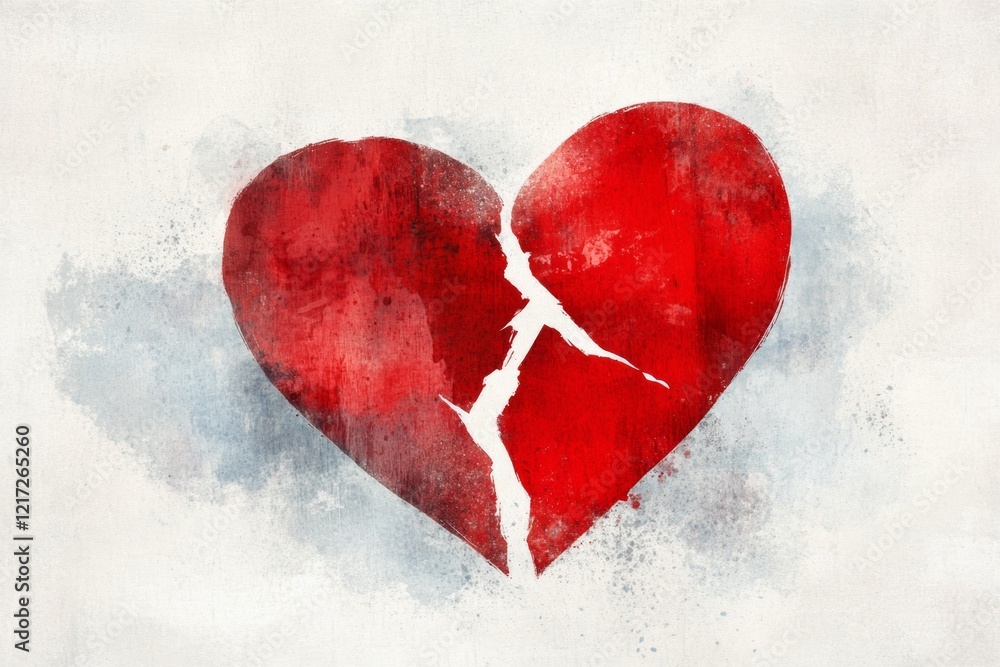 Poster a clean, modern illustration of a broken heart drawn with jagged, bold lines and soft gray shading a
