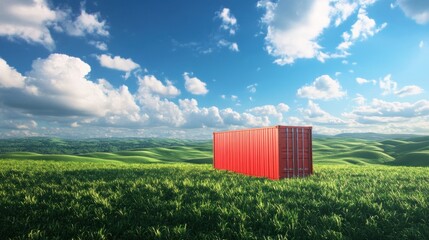 Red shipping container in green field, sunny day, hills background; logistics