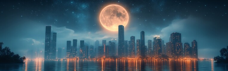 Obraz premium A city skyline under a full moon surrounded by stars, symbolizing calm and beauty. Perfect for travel, cityscapes, and night photography.
