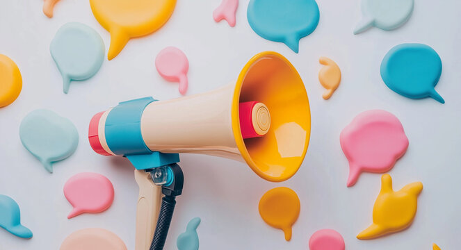 Megafono con tante nuvolette in stile fumetto attorno. Sfondo bianco. Annunciare qualcosa. Eventi oppure offerte commerciali.