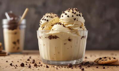 A cold glass of vanilla ice cream with a scoop of cookie dough on top, sprinkles, and chocolate chips , fun treats, sprinkles, frozen treat