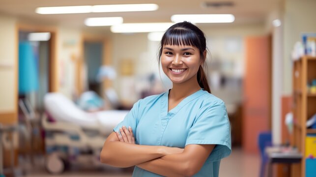 Portrait of young female Indigenous nurse in tunic or scrabs smiling cross arms blurred hospital background