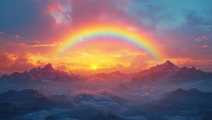 An imaginative clay mountain with vibrant rainbow trails and intricately sculpted clouds, evoking a dreamlike scene, Stock