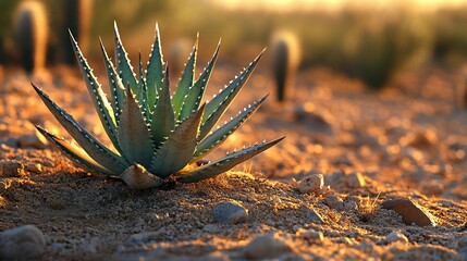 Desert agave sunset, rocky ground, cacti background; nature photography