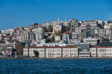 Panorama on the shore of the Bosphorus near Kabatash pier on a sunny day