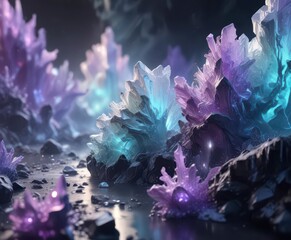 Iridescent mist swirls around glowing crystal formations,  texture,  fantasy,  otherworldly