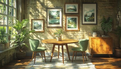 Obraz premium A Scandinavian-designed room features a round wooden dining table flanked by mint-green chairs