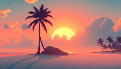 Retro palm beach sky. Sunrise island. Generate Ai, asian style, with white tones