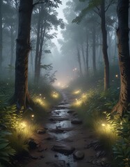 Obraz premium Misty forest trail with overgrown foliage and twinkling fireflies, insects, forest