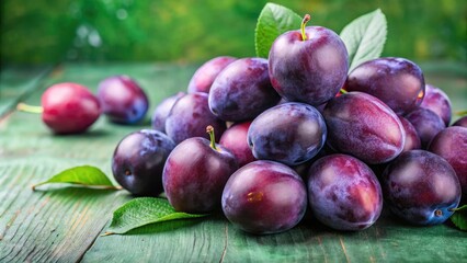 Fototapeta premium A cluster of purple plums on a green background, organic, kitchen