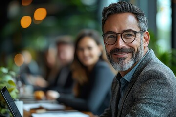 In an office setting, a team of young entrepreneurs sits at a table, sharing innovative thoughts and chuckling as they brainstorm