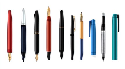 A variety of elegant pens displayed on a white isolated background for a sophisticated look.