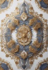 Intricate geometric motifs on a white background, with shades of blue and gold,  luxurious feel,  subtle design