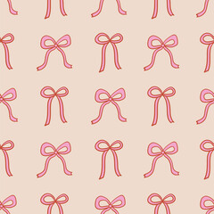 Vintage seamless pattern with cute small bows. Vector hand drawn background in retro coquette aesthetic. Whimsical pink outline ribbons