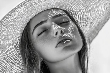 Woman in straw hat closing her eyes