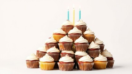 A cluster of cupcakes stacked on top of each other forming a pyramid shape with candles placed at the peak, cake, festive