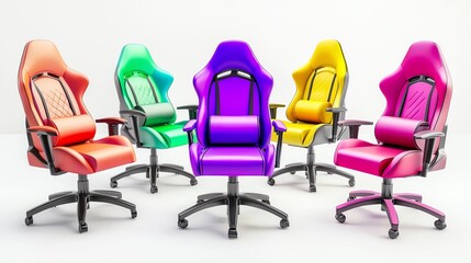 A vibrant collection of gaming chairs in various colors, arranged in a circle, showcasing modern design and comfort.