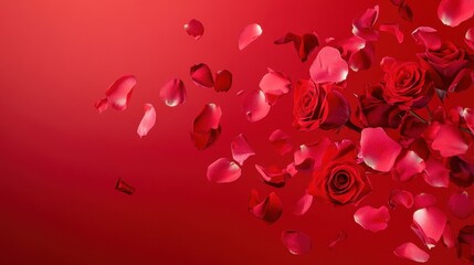 Obraz premium Love in Bloom: A Stunning Display of Passionate Red Roses and Delicate Petals, Adorning a Rich Crimson Canvas, Symbolizing the Beauty and Joy of Love.