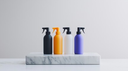 Four spray bottles of different colors - black, orange, white, and purple - arranged on a white marble base. the bottles have black spray caps and are arranged in a row.