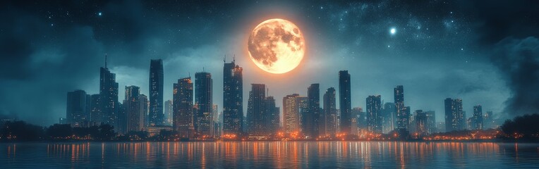 Fototapeta premium A city skyline under a full moon surrounded by stars, symbolizing calm and beauty. Perfect for travel, cityscapes, and night photography.