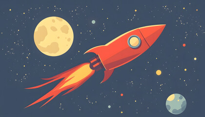 rocket flying to space vintage illustration style, flat design, with white tones