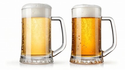 Two frosty beer mugs filled with golden beer and topped with foam, celebrating National Beer Day. Refreshing bubbles rise in the clear glass against a white background.