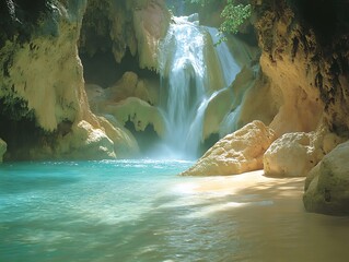 A stunning waterfall plunges into a turquoise lagoon, framed by towering cliffs and vibrant...