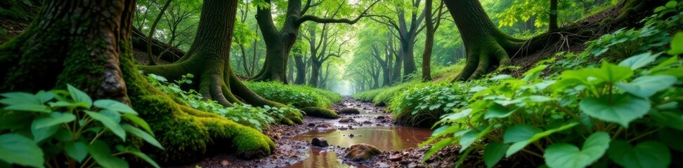 Muddy forest landscape with old growth trees and overgrown ferns,  outdoors,  green