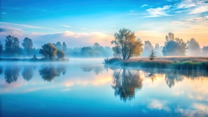 Fototapeta premium Misty Morning Landscape with Soft Blue Haze, serene atmosphere, calming scene, serene atmosphere