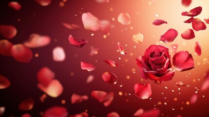Love in Bloom: A Stunning Display of Passionate Red Roses and Delicate Petals, Adorning a Rich Crimson Canvas, Symbolizing the Beauty and Joy of Love.
