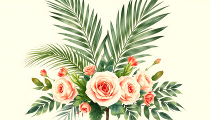 Tropical Beige design -  watercolor exotic leaves. Boho Arrangement with palm branch and roses, 8k unreal engine photorealism, with white tones