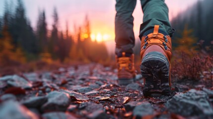 hiking adventure at sunrise in nature with vibrant colors