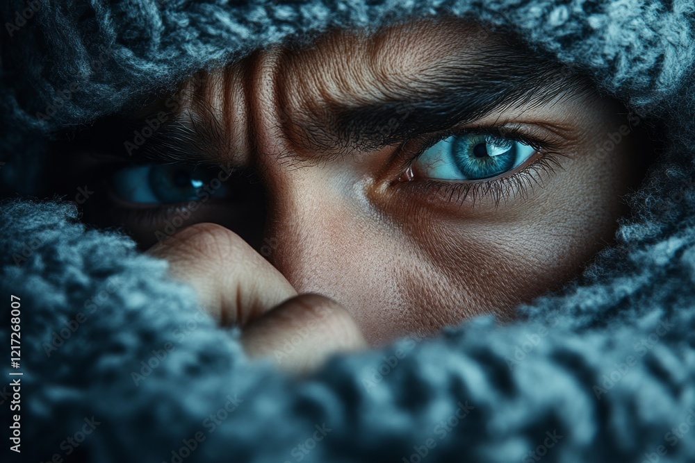 Poster a close-up of a person biting their nails, their face tense and eyes filled with worry, with soft li