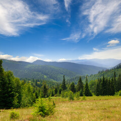 Picturesque mountain landscape with mountain ranges, coniferous forests and blue sky.