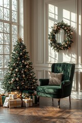 Scandinavian interior design apartments adorned in Christmas / New Year style, featuring toys, gifts, and a fir tree