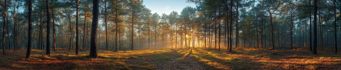 Obraz premium Ein Waldpanorama, in dem die Sonne durch die Bäume fällt