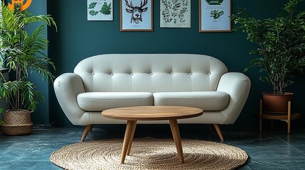 A living room featuring minimalistic design with a gray sofa, wooden coffee table, photo frames, flowers, a rattan lamp, a basket, and elegant accessories