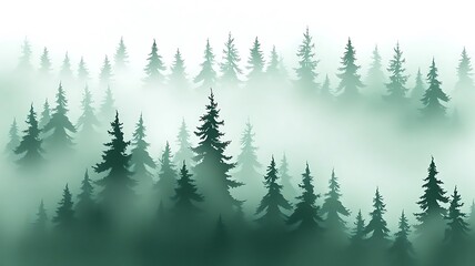 Misty forest with pine trees, foggy landscape, ethereal atmosphere, green hues, watercolor effect, minimalist style, serene nature, dreamy wilderness